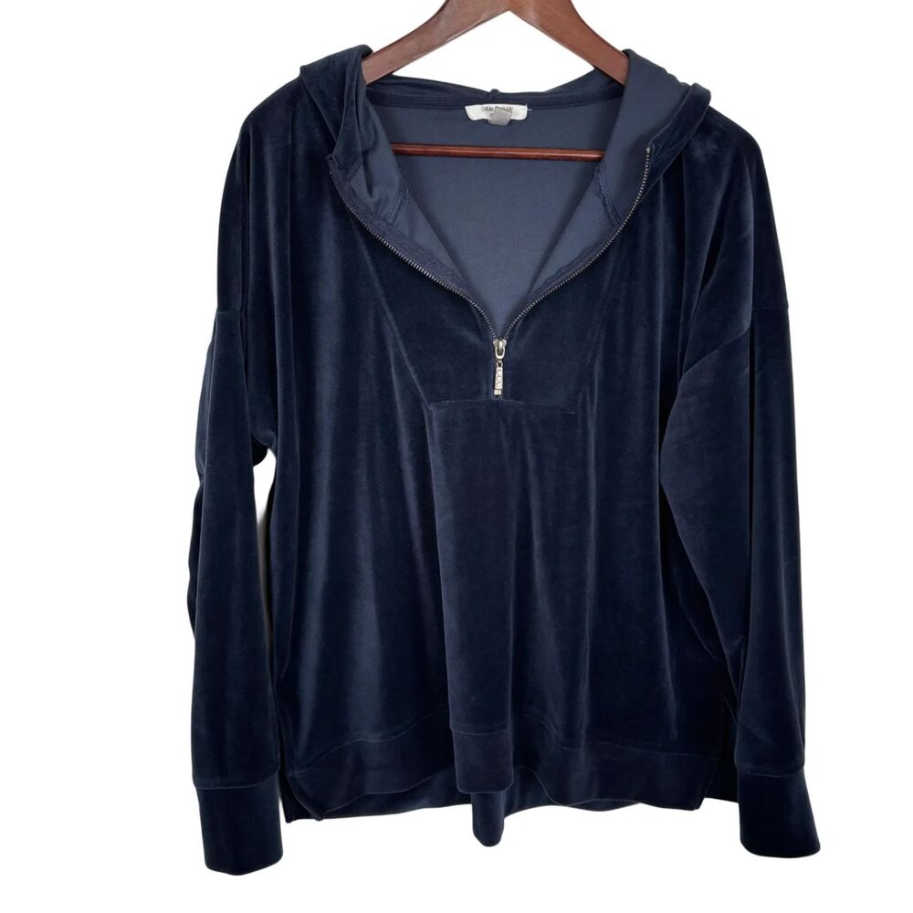 Cable & Gauge Studio Blue Zip Velour Pullover Sweater Women's Large Hooded